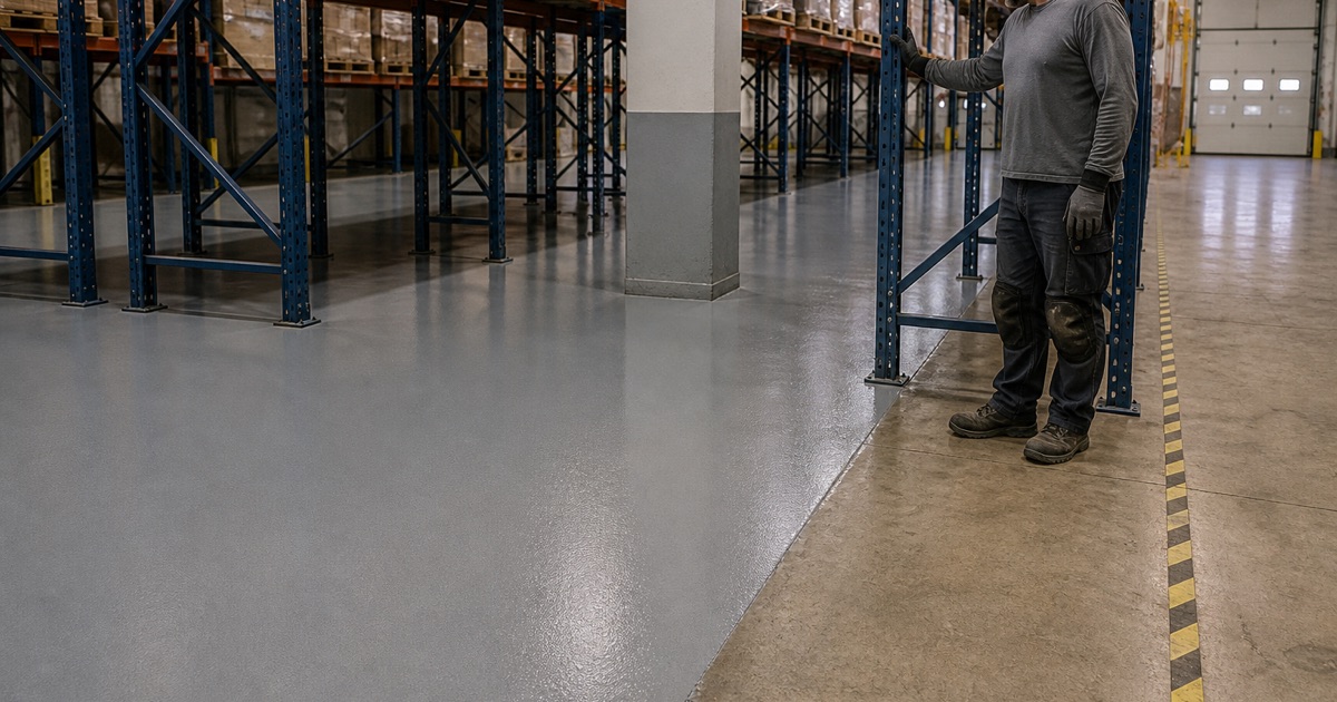 A clear polyaspartic wear coat being applied in a narrow working section over a flake floor in a Killeen garage.