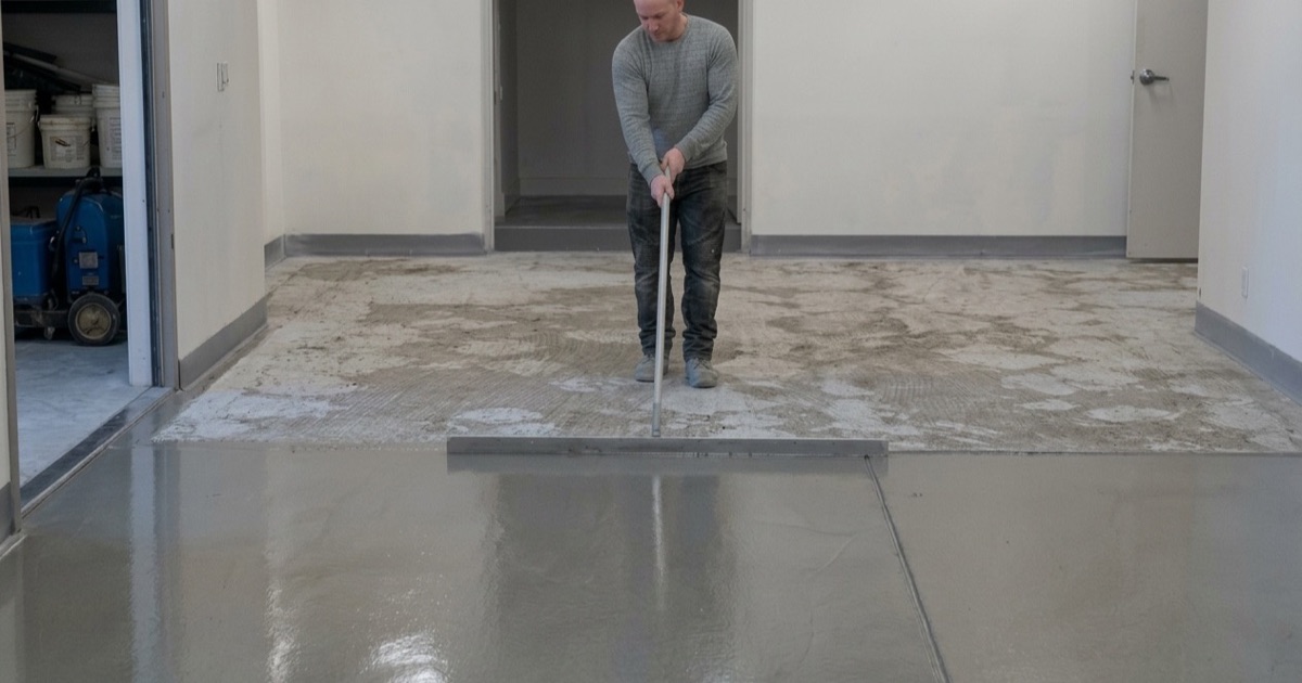 A warehouse slab in Killeen mid-polish, one half refined to a satin finish and the other still unworked.