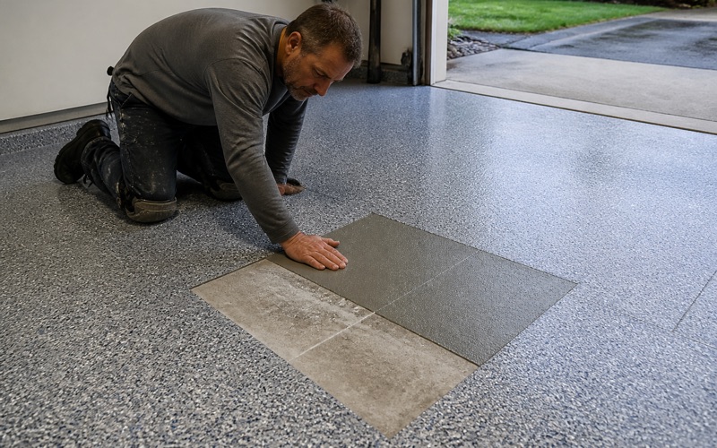 Surplus flake being scraped back on a Killeen garage floor, the chip pattern reading flat and even behind the blade.