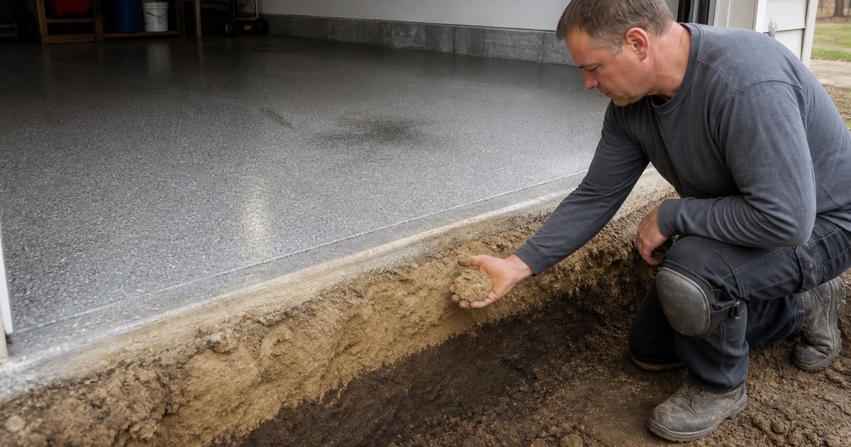 A wide slab crack in Temple routed and filled as a flexible joint, with deep seasonal cracks in the dark soil outside.