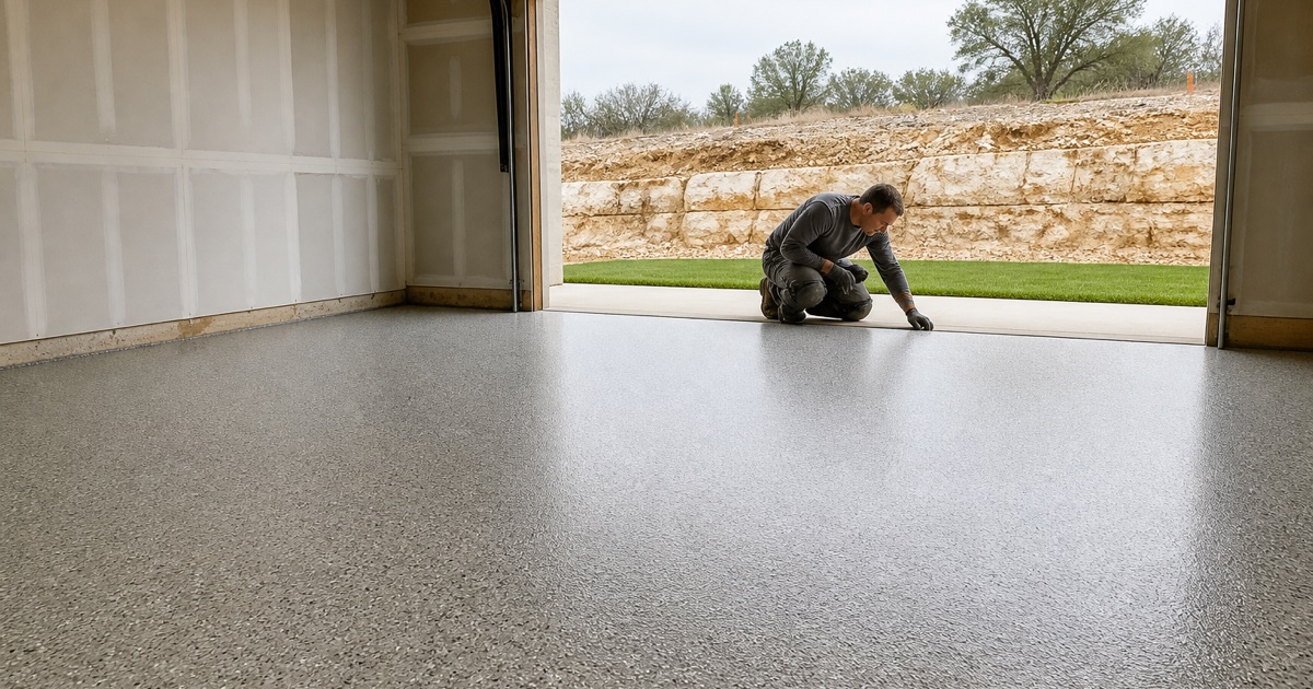A stripped bare slab inside a downtown Belton storefront, patched and multi-toned, being read directly by a worker.