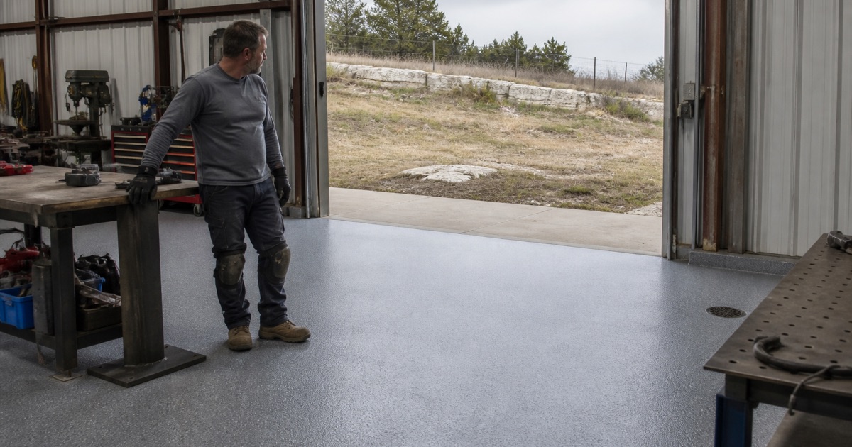 A tan flake garage floor in a settled Serenada home, with pale stony ground visible in the border beside the drive.