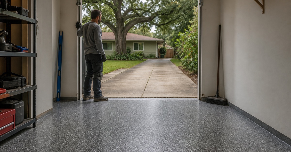 A pale gray flake floor across a new three-car garage in Santa Rita Ranch, unmarked with two filled saw-cut joints.