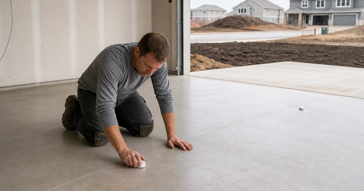 A cool gray flake garage floor in Harker Heights, with pale rock visible in the cut at the driveway edge.