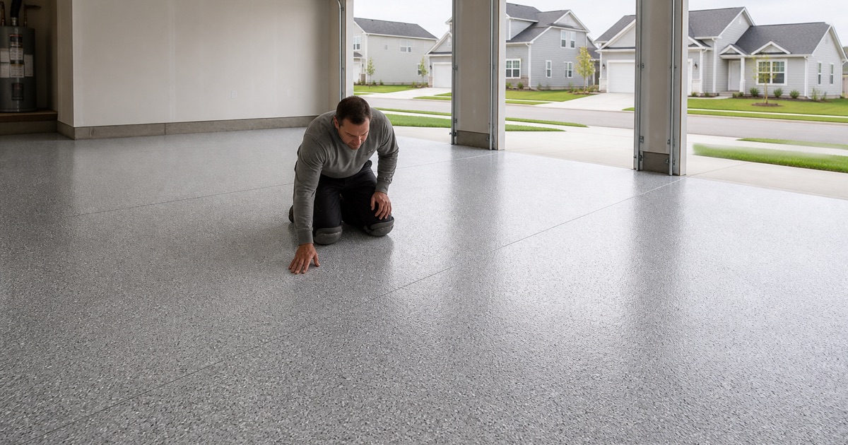A light neutral flake garage floor coating in a Georgetown active-adult neighborhood, level and spotless.