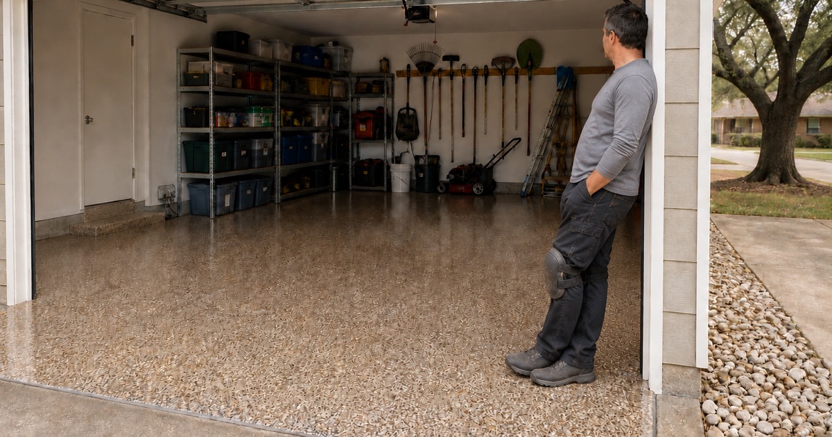 A soil cut outside a Gatesville garage showing pale sandy topsoil over a darker clay layer, with the bare slab beyond.
