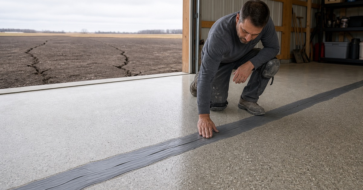 A new light gray flake garage floor in Jarrell, unmarked, with shallow limestone showing in a construction cut outside.