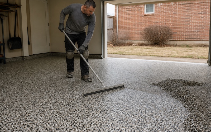 A pewter and bronze metallic epoxy floor in Killeen being worked wet, the marbling visibly still moving under the squeegee.