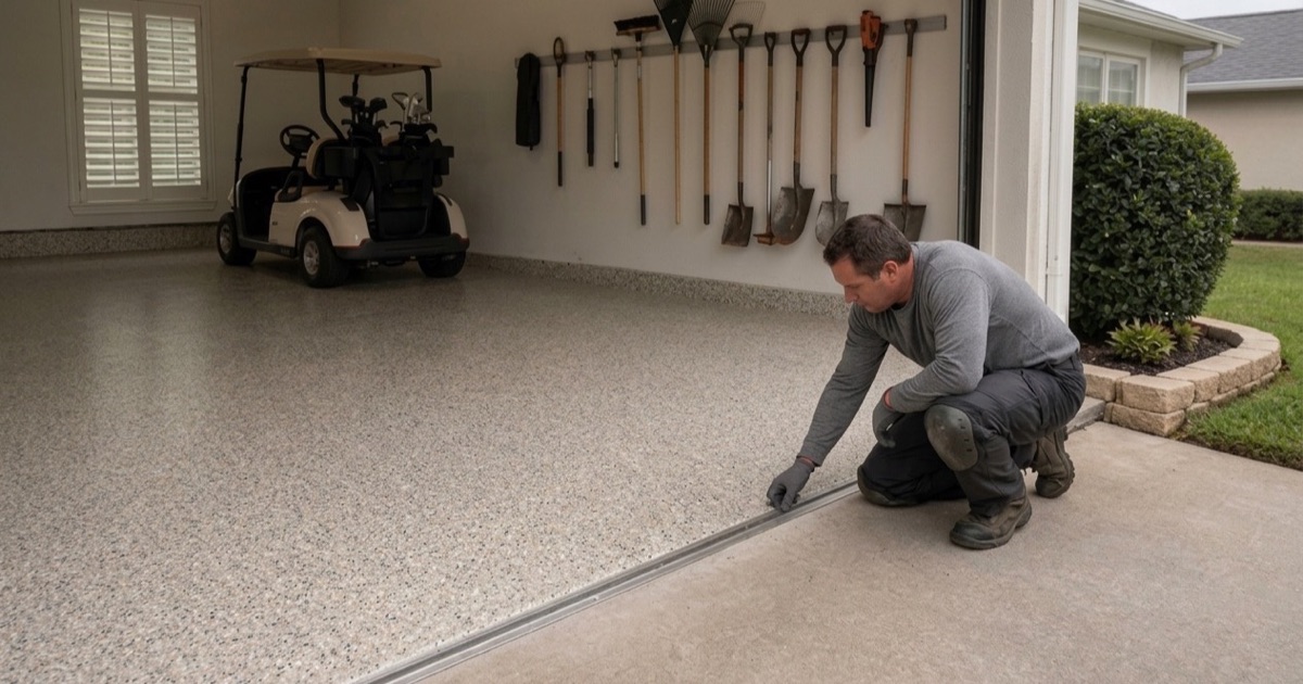 A textured gray shop floor inside a metal building on Lampasas acreage, with limestone outcrop rising outside the door.