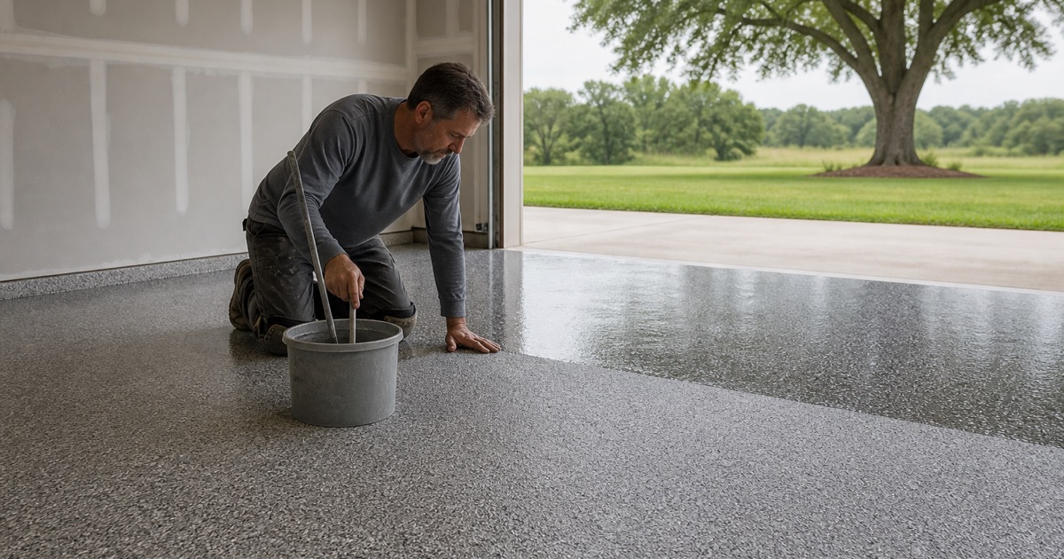 A cement overlay being screeded over a spalled slab in Killeen, with the existing control joint carried through the new surface.